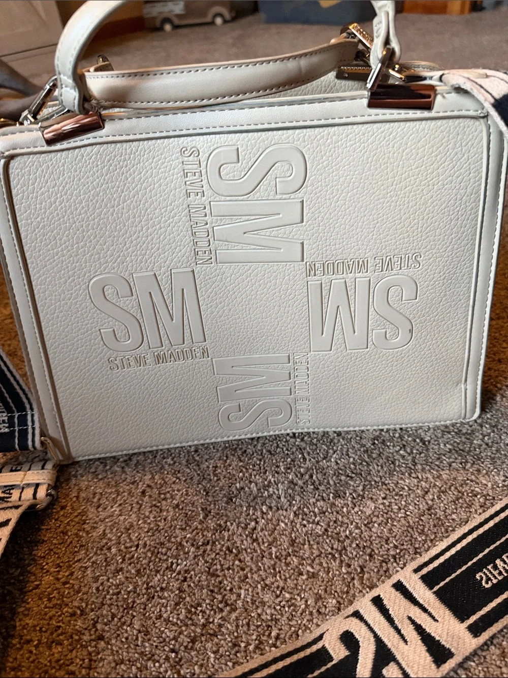 Steve Madden Cream Box Crossbody with Branded Black & Cream Strap